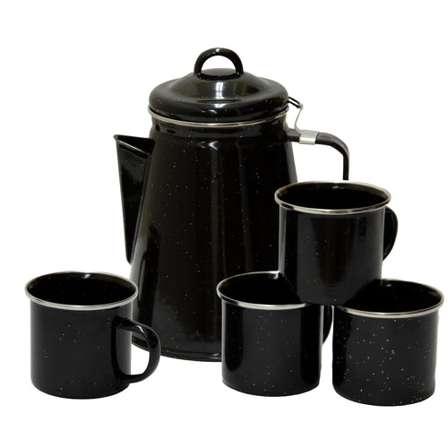 Vintage Enamel Coffee Pot & Mug Set – Black