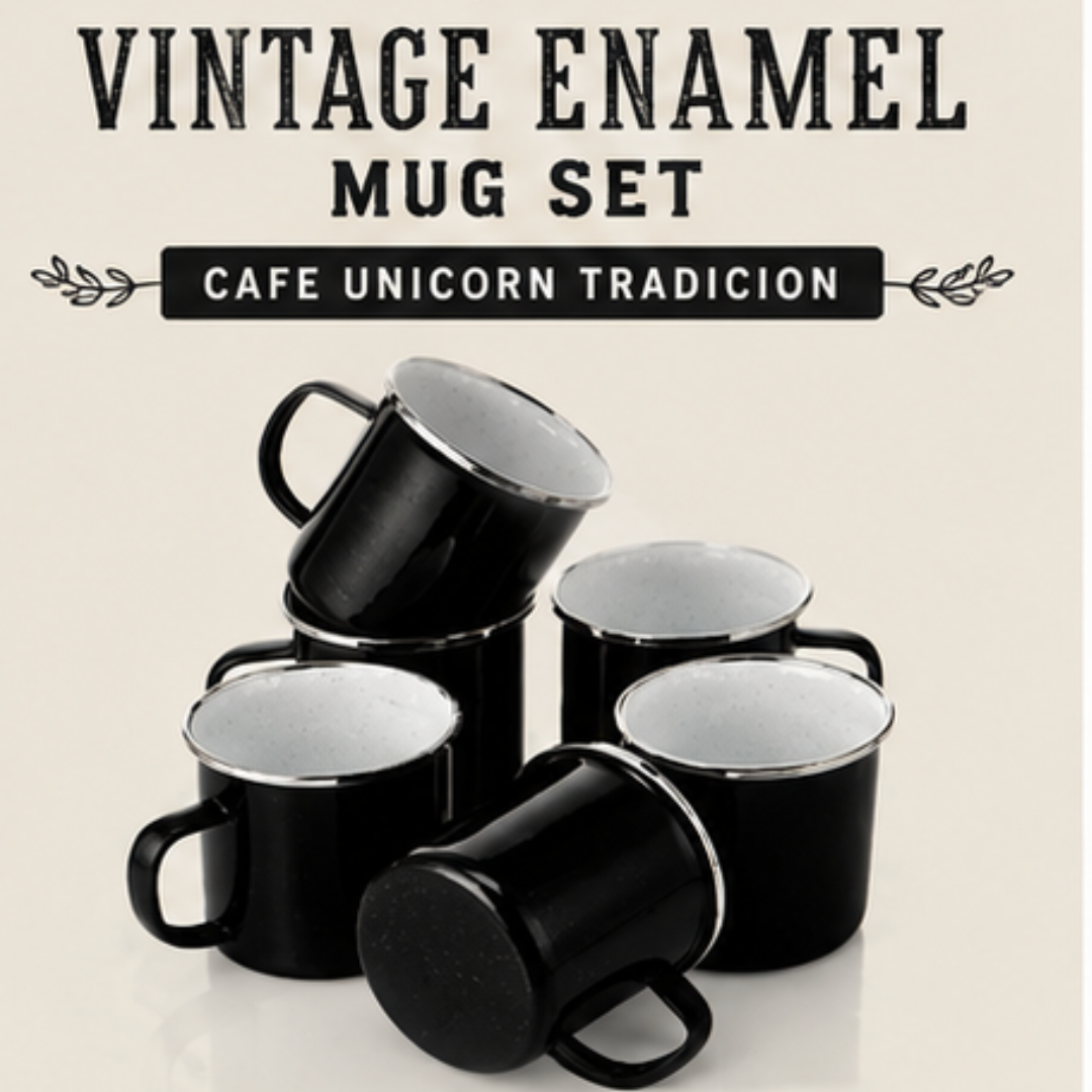 Vintage Peltre Enamel Mug Set - Black Cafe Unicorn Coffee Cups