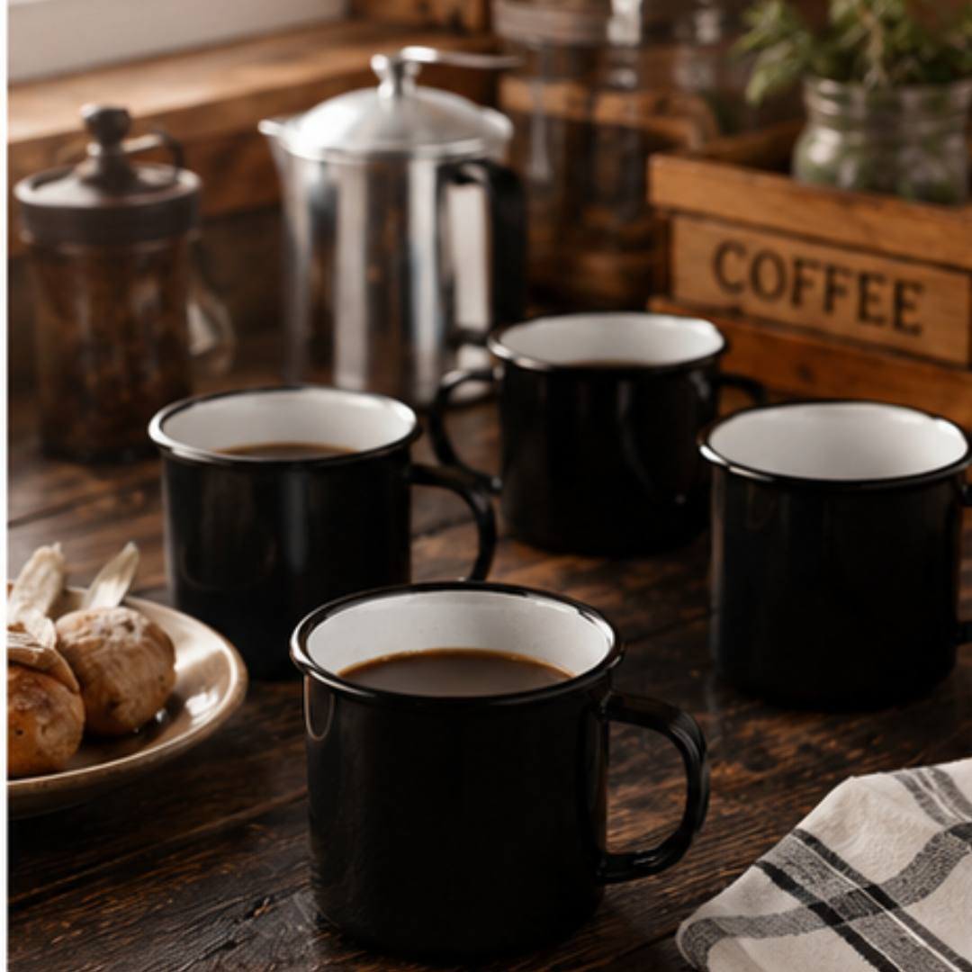 Vintage Peltre Enamel Mug Set - Black Cafe Unicorn Coffee Cups