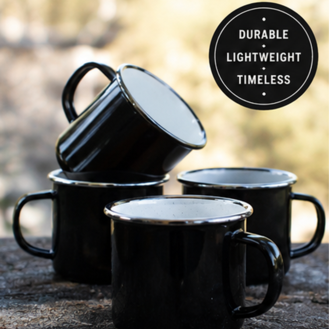 Vintage Peltre Enamel Mug Set - Black Cafe Unicorn Coffee Cups